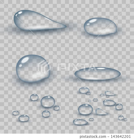 Realistic water drops in various shapes and sizes showing transparency and reflections Realistic water drops in various shapes and sizes showing transparency and reflections 143642201