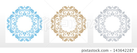 Set of decorative frames Elegant vector element for design in Eastern style, place for text. Floral colored frames. Lace illustration for invitations and greeting cards Set of decorative frames Elegant vector element for design in Eastern style, place for text. Floral colored frames. Lace illustration for invitations and greeting cards 143642287