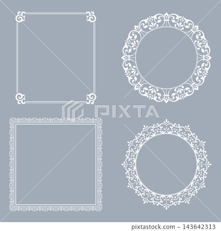 Set of decorative frames Elegant vector element for design in Eastern style, place for text. Floral gray and white frames. Lace illustration for invitations and greeting cards Set of decorative frames Elegant vector element for design in Eastern style, place for text. Floral gray and white frames. Lace illustration for invitations and greeting cards 143642313