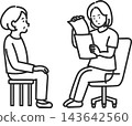 An illustration of a doctor checking a patient's documents during a medical examination (line drawing only). An illustration of a doctor checking a patient's documents during a medical examination (line drawing only). 143642560