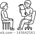 An illustration of a doctor checking a patient's documents during a medical examination (line drawing only). An illustration of a doctor checking a patient's documents during a medical examination (line drawing only). 143642561