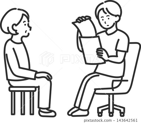 醫生在體檢時檢查病人文件的插圖(僅線條畫)。 醫生在體檢時檢查病人文件的插圖(僅線條畫)。 143642561
