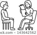 An illustration of a doctor checking a patient's documents during a medical examination (line drawing only). An illustration of a doctor checking a patient's documents during a medical examination (line drawing only). 143642562