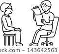 An illustration of a doctor checking a patient's documents during a medical examination (line drawing only). An illustration of a doctor checking a patient's documents during a medical examination (line drawing only). 143642563