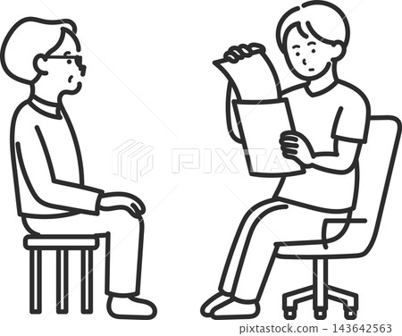 醫生在體檢時檢查病人文件的插圖(僅線條畫)。 醫生在體檢時檢查病人文件的插圖(僅線條畫)。 143642563