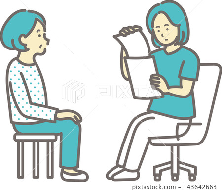 An illustration of a doctor checking a patient's documents during a medical examination. An illustration of a doctor checking a patient's documents during a medical examination. 143642663