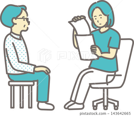 醫生在體檢時檢查病人文件的插圖。 醫生在體檢時檢查病人文件的插圖。 143642665
