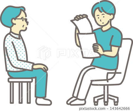 醫生在體檢時檢查病人文件的插圖。 醫生在體檢時檢查病人文件的插圖。 143642666