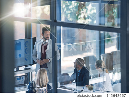 Business meeting, people and financial review with speaker and fintech for results, charts and stats. Presenter, teamwork and audit with accountant presenter and tech for graphs and revenue report 143642667