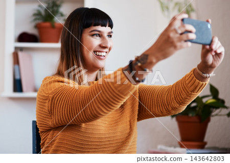 Home, smile and woman with selfie for social media post, profile picture update and blog website. Influencer girl, apartment and live streaming or photograph for happy memory and content creation Home, smile and woman with selfie for social media post, profile picture update and blog website. Influencer girl, apartment and live streaming or photograph for happy memory and content creation 143642803