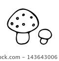 Hand Drawn Doodle Spotted Toadstool and Small Mushroom Outline Illustration, Autumn Forest Icon Isolated on White 143643006