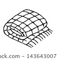 Hand Drawn Doodle Rolled Checkered Blanket with Fringe Outline Illustration, Cozy Plaid Home Textile Icon Isolated 143643007