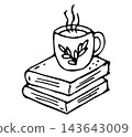 Hand Drawn Doodle Stack of Books with Steaming Coffee Cup Outline Illustration, Cozy Reading Icon Isolated on White 143643009