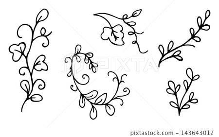 Hand Drawn Doodle Floral Branches Set with Curls and Leaves Outline Illustration, Decorative Botanical Elements Hand Drawn Doodle Floral Branches Set with Curls and Leaves Outline Illustration, Decorative Botanical Elements 143643012
