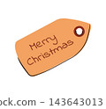 Hand Drawn Flat Orange Merry Christmas Gift Tag with Handwritten Lettering Illustration, Holiday Label Isolated 143643013
