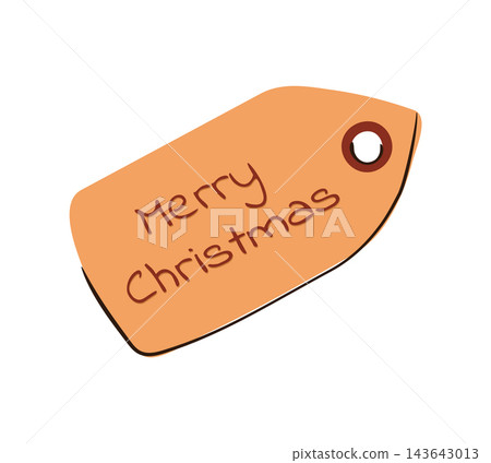 Hand Drawn Flat Orange Merry Christmas Gift Tag with Handwritten Lettering Illustration, Holiday Label Isolated Hand Drawn Flat Orange Merry Christmas Gift Tag with Handwritten Lettering Illustration, Holiday Label Isolated 143643013
