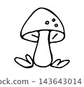 Hand Drawn Doodle Spotted Mushroom with Grass Outline Illustration, Autumn Forest Toadstool Icon Isolated on White 143643014