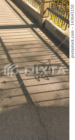A spiked metal fence casts a linear shadow on a paved walkway. 143643150