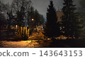 An autumn park at dusk with illuminated lanterns, colorful trees, and fallen leaves covering the paths. 143643153