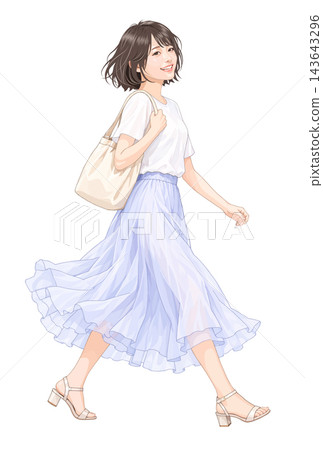 一位年輕女子麵帶微笑，快樂行走的插圖。 143643296
