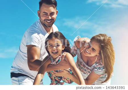 Family, parents and girl child airplane with love for holiday, vacation and development together on trip. Happy, man and woman outdoor with kid for bonding, adventure and exploring or playing Family, parents and girl child airplane with love for holiday, vacation and development together on trip. Happy, man and woman outdoor with kid for bonding, adventure and exploring or playing 143643391