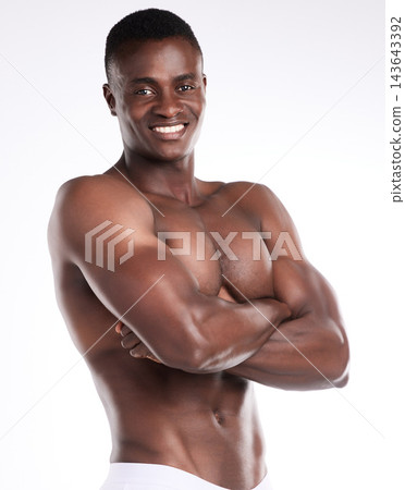 African man, fitness and smile with arms crossed for sports goal, body challenge or weight loss. Portrait, male person or athlete for healthy diet, nutrition or wellness on white background in studio 143643392