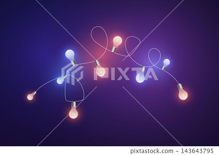 Illuminated light bulbs linked by a wire on a gradient background, representing interconnected concepts Illuminated light bulbs linked by a wire on a gradient background, representing interconnected concepts 143643795