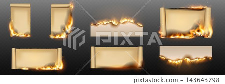 Vintage paper scrolls and sheets burning with flames, isolated on transparent background Vintage paper scrolls and sheets burning with flames, isolated on transparent background 143643798
