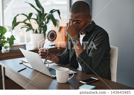 Business, stress and black man with headache, laptop and glitch with error 404, frustrated and mistake. African person, employee and professional with migraine, pc and exhausted with fatigue or tired Business, stress and black man with headache, laptop and glitch with error 404, frustrated and mistake. African person, employee and professional with migraine, pc and exhausted with fatigue or tired 143643985