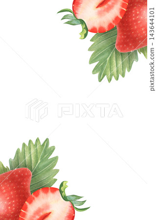 Strawberry frame, berries, leaves. Hand-painted watercolor illustration isolated on white for food packaging, tea, jam, desserts, drinks, labels, branding, invitations, cards, recipes, design Strawberry frame, berries, leaves. Hand-painted watercolor illustration isolated on white for food packaging, tea, jam, desserts, drinks, labels, branding, invitations, cards, recipes, design 143644101