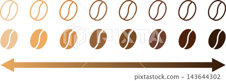 An illustration showing the degree of roasting of coffee beans in a horizontal row. An illustration showing the degree of roasting of coffee beans in a horizontal row. 143644302
