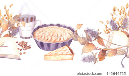 Watercolor still life of baked tart with slice, steaming mug, coffee beans, open books, and dried floral arrangement, cozy autumn tabletop composition Watercolor still life of baked tart with slice, steaming mug, coffee beans, open books, and dried floral arrangement, cozy autumn tabletop composition 143644735