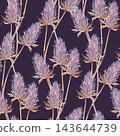 Watercolor thistle seed heads pattern in lavender and brown on deep plum background, seamless botanical textile wallpaper design, handpainted floral repeat, closeup composition 143644739