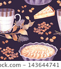 Watercolor seamless pattern of coffee beans, striped ceramic cup, tart slice, dried thistle sprigs, whole apple pie, warm cozy kitchen composition on a violet background, hand painted 143644741