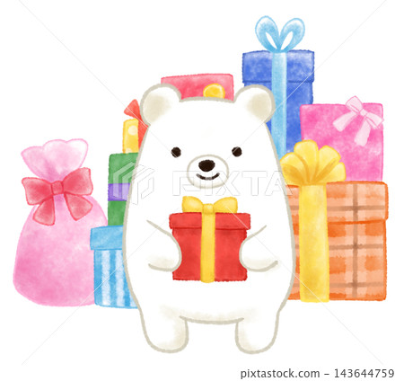 Watercolor illustration of a polar bear holding a gift Watercolor illustration of a polar bear holding a gift 143644759