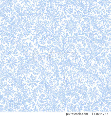 Winter frost ice flowers seamless pattern. Elegant Christmas blue frost on window texture with stylized snowflakes and curling frozen ornaments. Winter frost ice flowers seamless pattern. Elegant Christmas blue frost on window texture with stylized snowflakes and curling frozen ornaments. 143644763