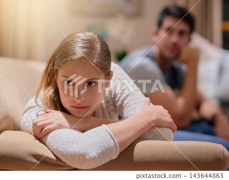 Girl, ignore and thinking on couch with man after argument, fight and thoughts of past cheating or communication issues. Couple, home and woman unhappy with ideas of break up or divorce and conflict Girl, ignore and thinking on couch with man after argument, fight and thoughts of past cheating or communication issues. Couple, home and woman unhappy with ideas of break up or divorce and conflict 143644863