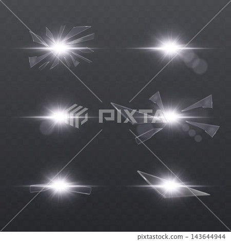Glass fragments with light bursts creating a dynamic breaking and shattering visual overlay Glass fragments with light bursts creating a dynamic breaking and shattering visual overlay 143644944