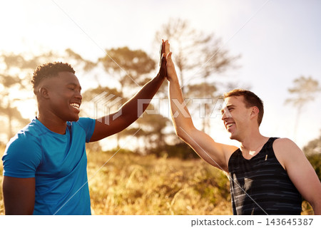 High five, runners and fitness friends with support, motivation and winning in celebration of targets. Sports, teamwork and happy men celebrate achievement, exercise and cardio workout progress High five, runners and fitness friends with support, motivation and winning in celebration of targets. Sports, teamwork and happy men celebrate achievement, exercise and cardio workout progress 143645387