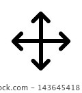 Black four-way arrow icon representing up, down, left, and right movement; transparent background. 143645418