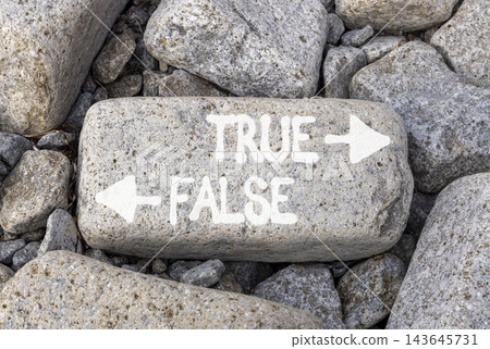 True or false symbol. Concept word True or False on beautiful grey stone. Beautiful grey stones background. Business and true or false concept. Copy space. 143645731