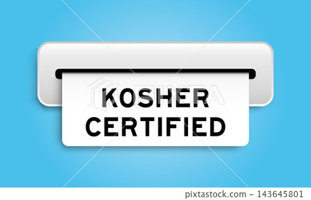 White coupon banner with word kosher certified from machine on blue color background 143645801