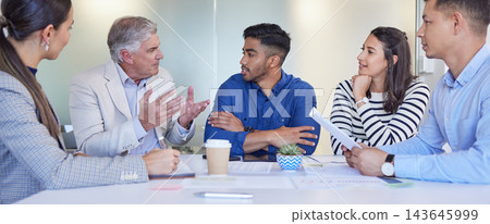 Business meeting, tablet and people in office with teamwork, collaboration or partnership for work. Executive, advice and corporate investment idea for digital transformation, merger or market growth 143645999