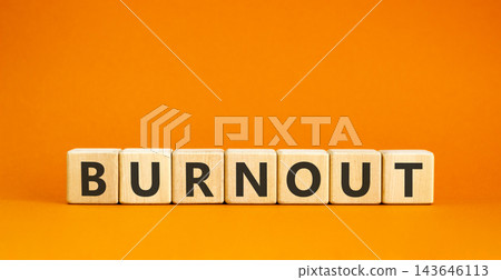 Burnout word symbol. Concept word Burnout on beautiful wooden blocks. Beautiful orange table orange background. Business medical burnout word concept. Copy space. 143646113