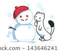 一隻黃鼠狼好奇地看著雪人。 143646241