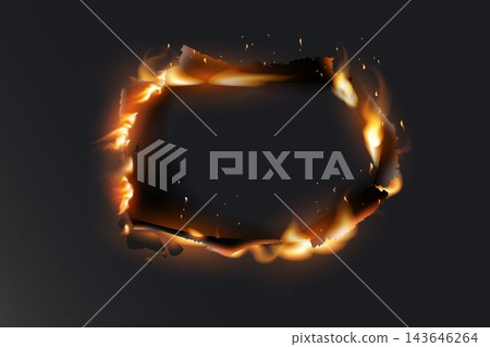 Dark paper burning with orange flames and sparks, forming an irregular frame on a black background Dark paper burning with orange flames and sparks, forming an irregular frame on a black background 143646264