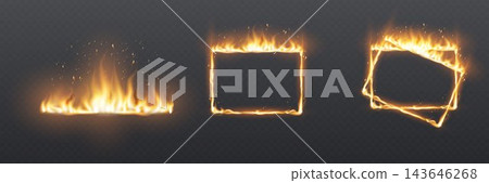 Fire creating dynamic frames and a horizontal burning line with sparks on transparent background 143646268