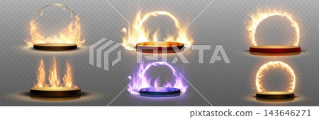 Collection of round fiery podiums displaying mystical energy and special offer concepts Collection of round fiery podiums displaying mystical energy and special offer concepts 143646271