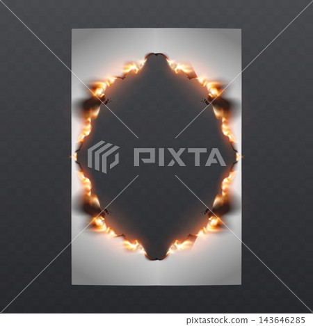 White paper sheet burning, creating a glowing diamond shaped hole with charred edges White paper sheet burning, creating a glowing diamond shaped hole with charred edges 143646285