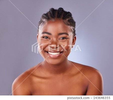 Portrait, skincare and smile of natural black woman in studio on gray background for cosmetic wellness. Aesthetic, beauty and facial with happy model at spa for dermatology or vitamin c treatment Portrait, skincare and smile of natural black woman in studio on gray background for cosmetic wellness. Aesthetic, beauty and facial with happy model at spa for dermatology or vitamin c treatment 143646355